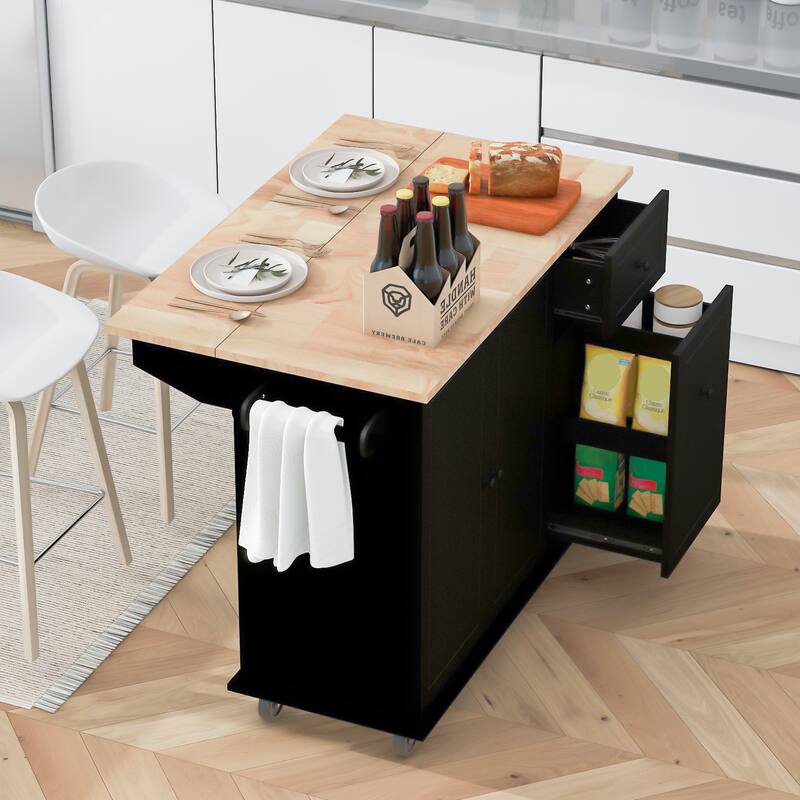 Kitchen Island with Drop Leaf, 53.9" Width Rolling Kitchen Cart on Wheels with Internal Storage Rack