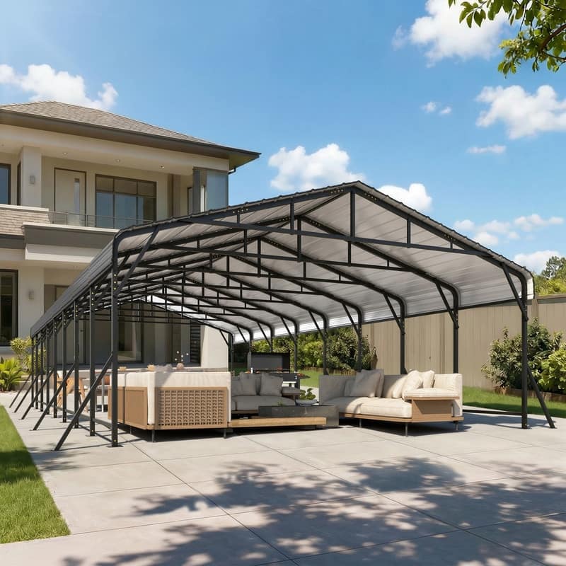 Erommy Outdoor Carport with Galvanized Steel Roof, Heavy-Duty All-Weather Shelter for Cars, Boats and Equipment