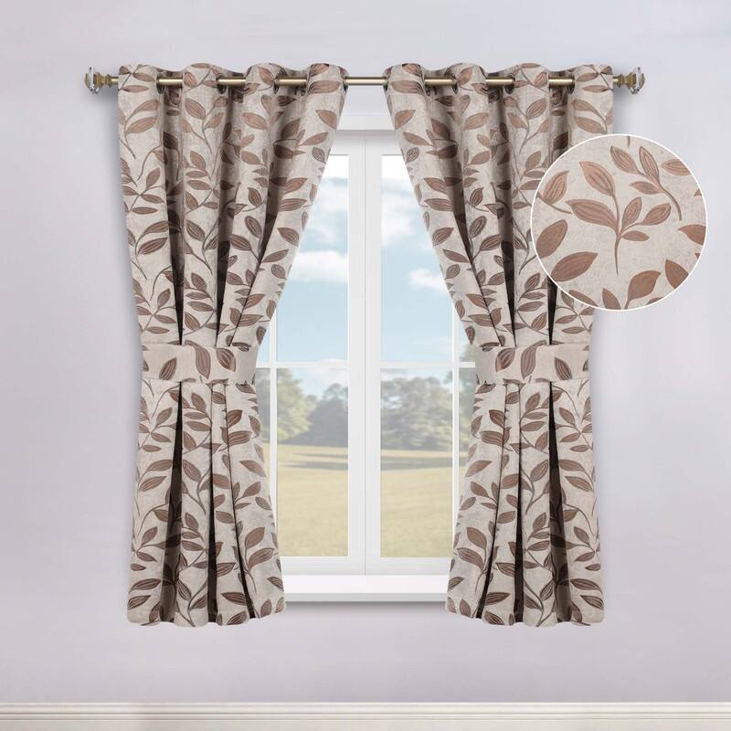 Superior Leaves Machine Washable Room Darkening Grommet With Ties Blackout Curtains, Set of 2