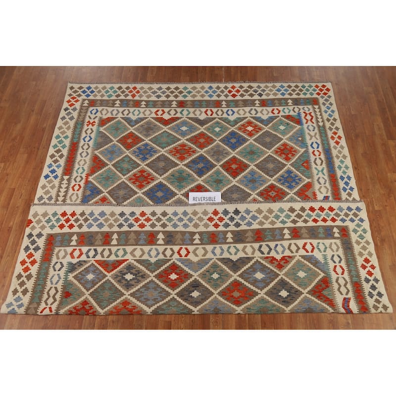Trellis Kilim Area Rug Flatweave Oriental Wool Carpet - 8'5" x 10'1"