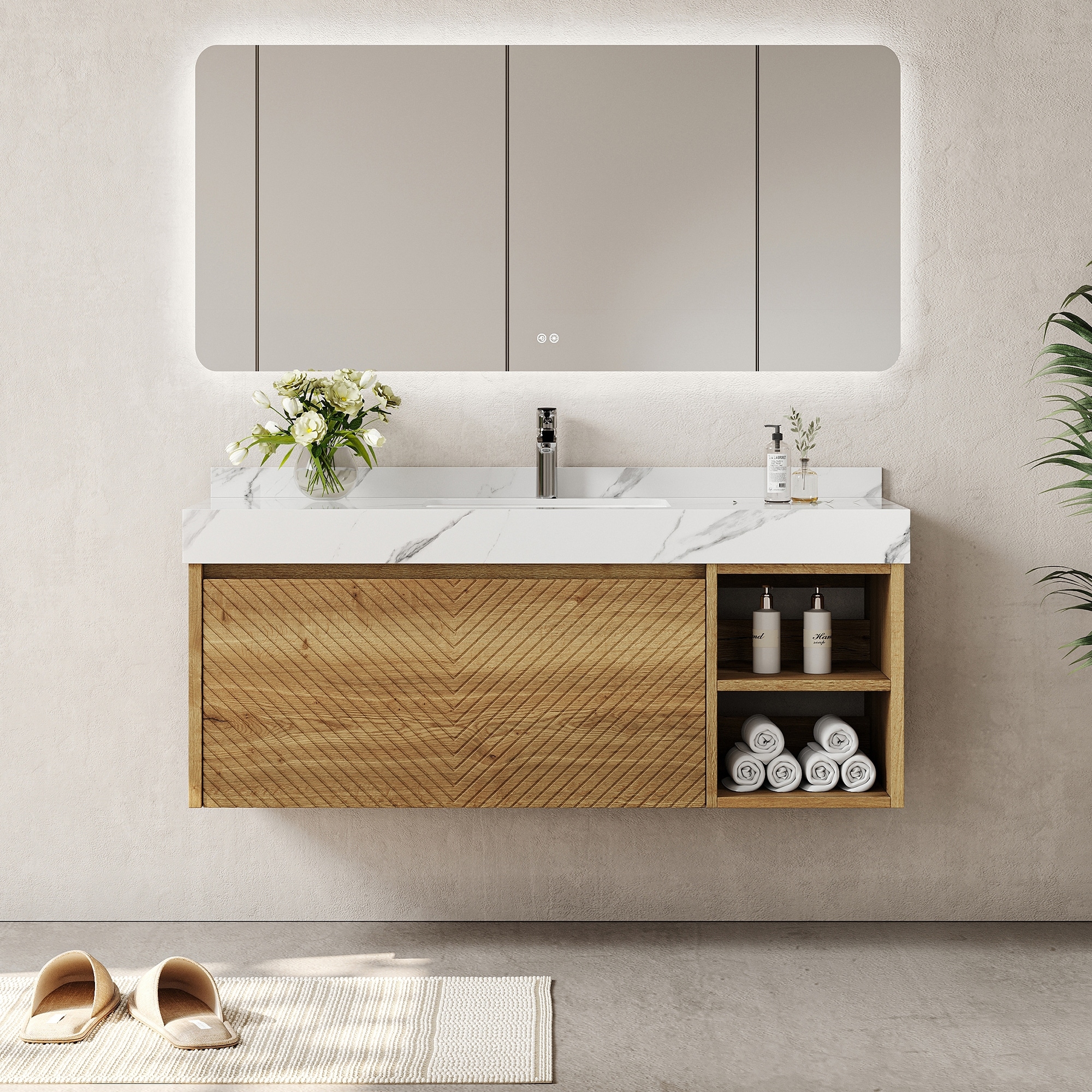 48" Modern Floating Single Bathroom Vanities with Sink, Brown or Natural wood, 2 Drawers