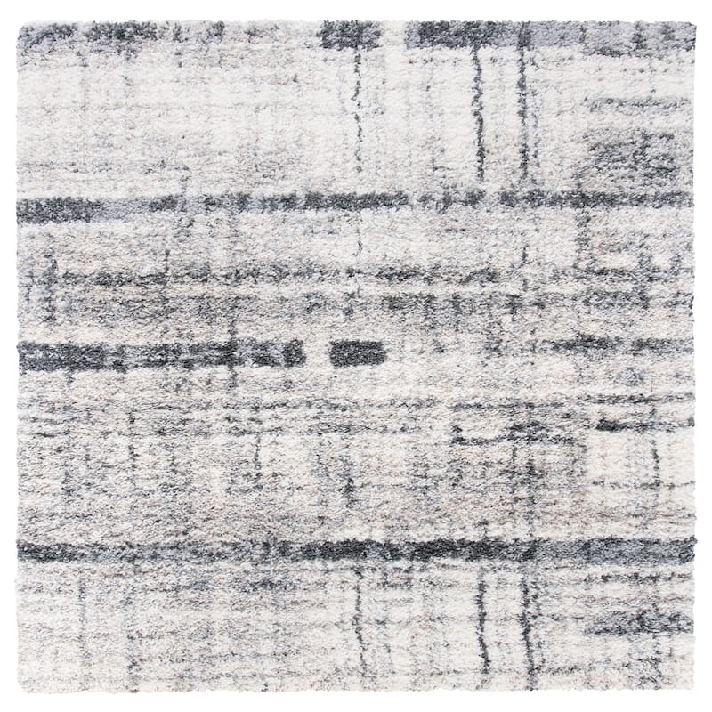 SAFAVIEH Fontana Shag Olessja Modern Abstract 2-inch Thick Rug - 6'7" Square - Ivory/Grey