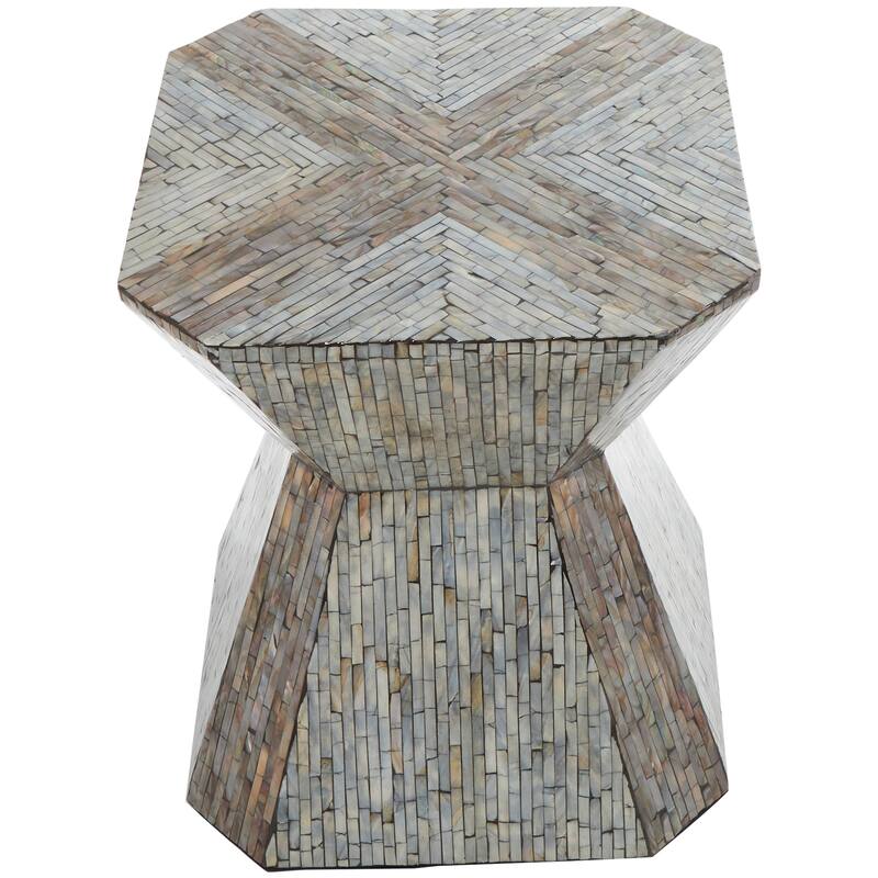 Gray Mother of Pearl Shell Hourglass Geometric Accent Table with Linear Mosaic Pattern