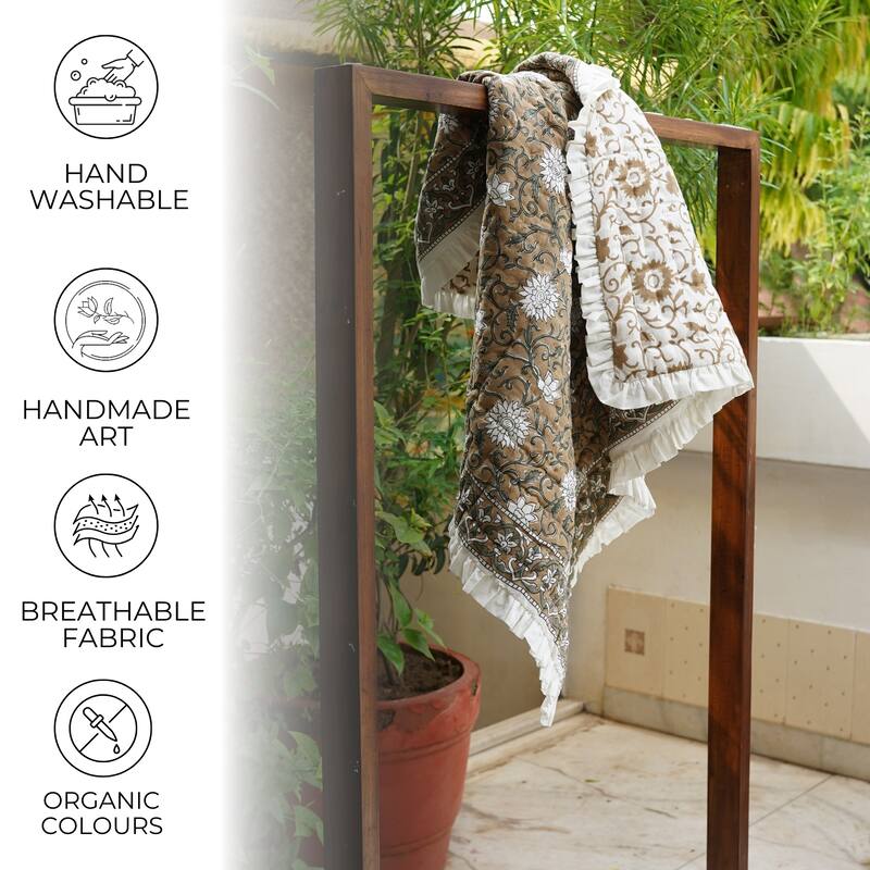 Fabdivine Luxury Hand Block Print Cotton Quilt Floral Boho Bedding for Bedroom & Sofa, Mustard, Handmade Reversible Bedspread