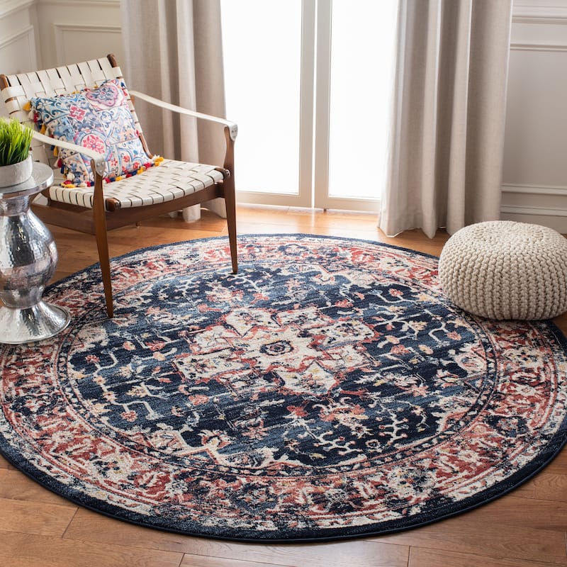 SAFAVIEH Charleston Prabha Vintage Boho Oriental Rug - 4' Round - Navy/Red