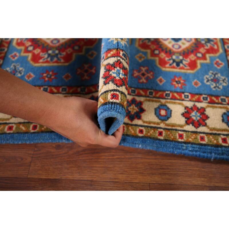 Blue Geometric Kazak Foyer Rug Hand-Knotted Wool Carpet - 2'0" x 2'11"