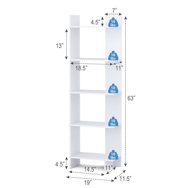 Space-Saving 5-Tier Display Bookshelf for Office and Bedroom Use - 19" x 11.5" x 63" (L x W x H)