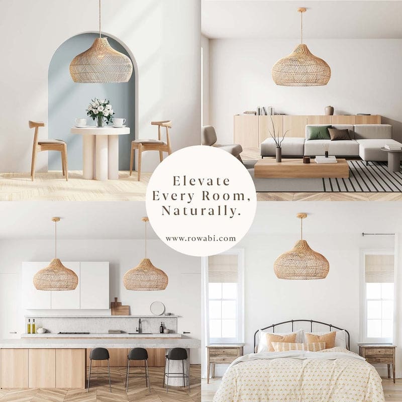 Kloe Brown Rattan Pendant Light – Handwoven Ceiling Light Fixture for Dining Room, or Bedroom in Boho & Coastal Style