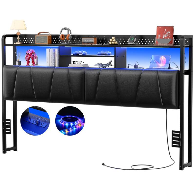 Upholstered Headboard with Pegboard and Charging Station, Storage Headboard Shelves and LED Light