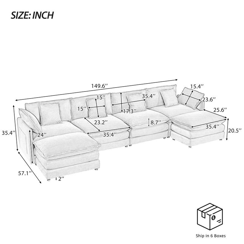Modern Sofa Modular Sofa Couch Upholstered Corduroy L-Shape Sectional Sofa with Side Storage Pockets for Living Room