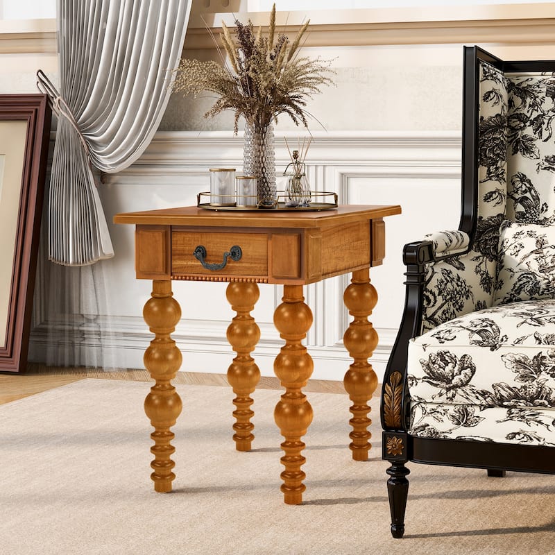 Narrow Sofa Side Table Accent Table Solid Wood End Table with Drawer - Natural