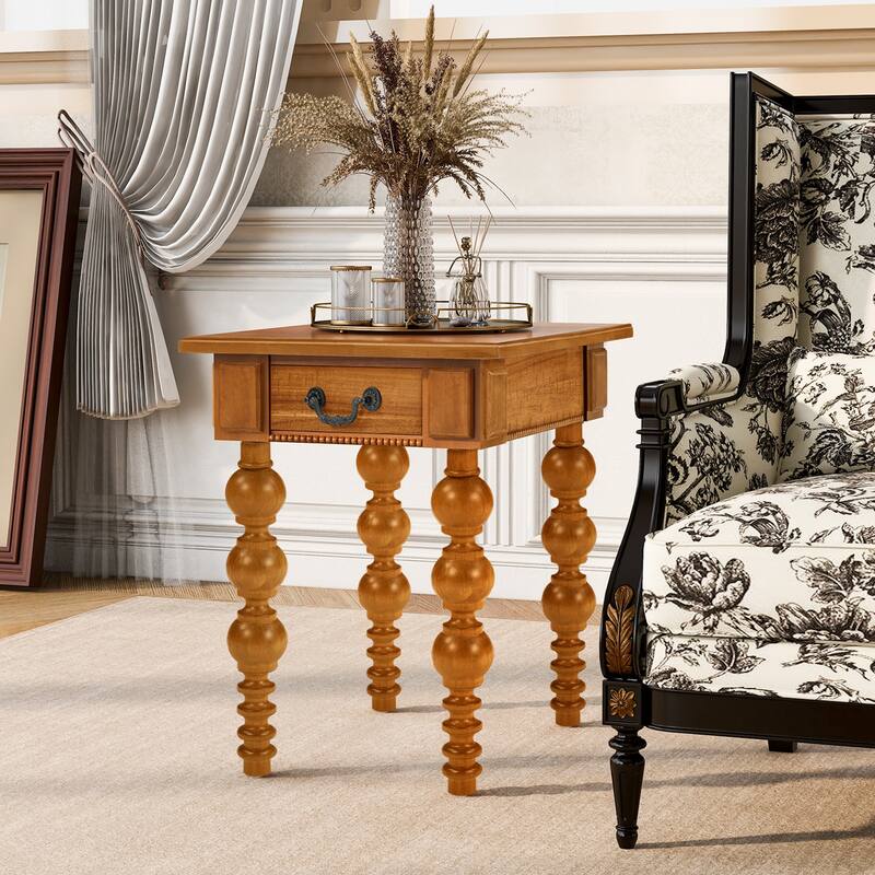 Solid Wood End Table with Drawer, Easy Assembly Vintage Narrow Sofa Side Table for Living Room - Natural