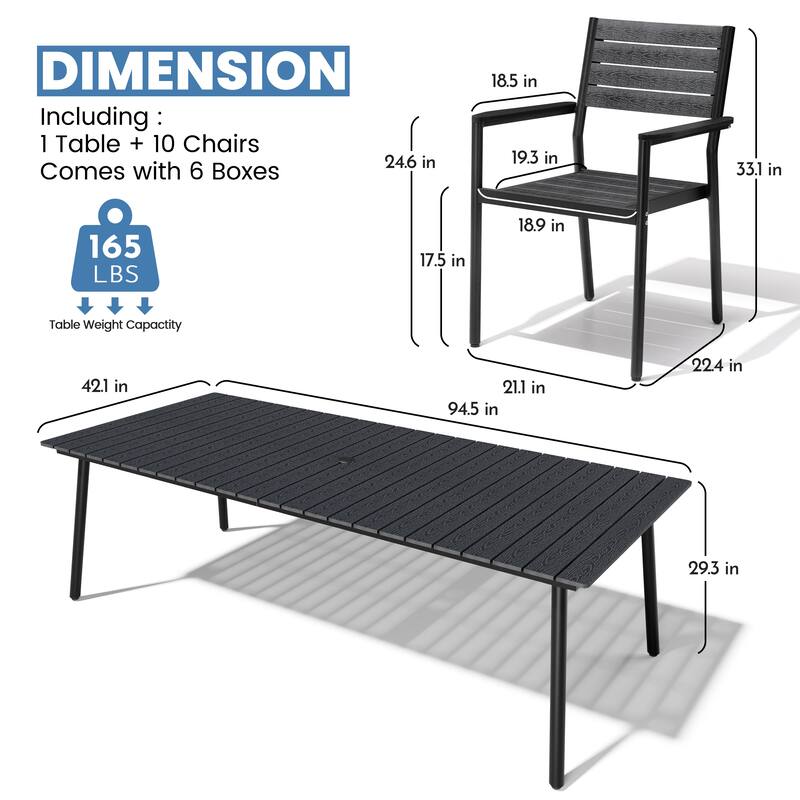 11-Piece Outdoor Patio Dining Set Wood-Like Table Top Alumium Umbrella Hole Table with Stackable Armrest Chairs