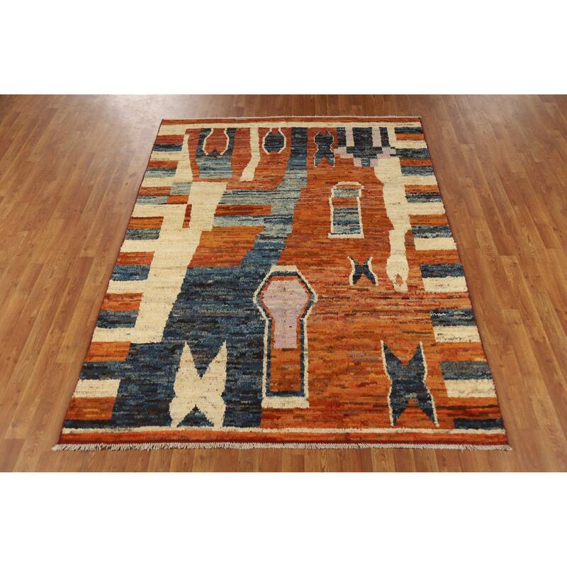 Orange Moroccan Oriental Area Rug Handmade Modern Wool Carpet - 5'9" x 7'8"