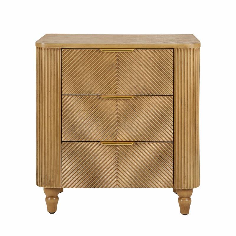 Mid-Century Fluted 3-Drawer Nightstand with Curved Design and Gold Handles