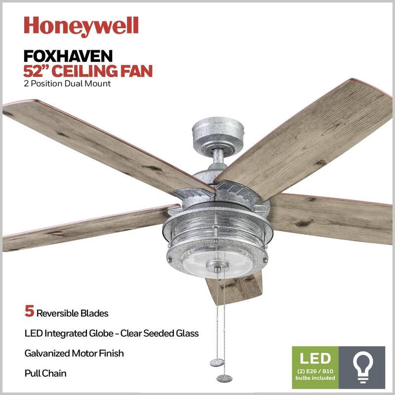 52" Honeywell Foxhaven Galvanized Farmhouse Indoor/Outdoor Ceiling Fan with Light, Pull Chain