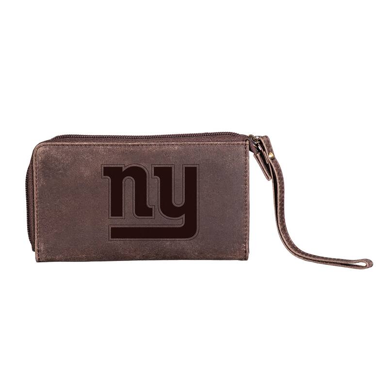 Brown Leather Cell Phone Wristlet Wallet, New York Giants - 4" x 7"