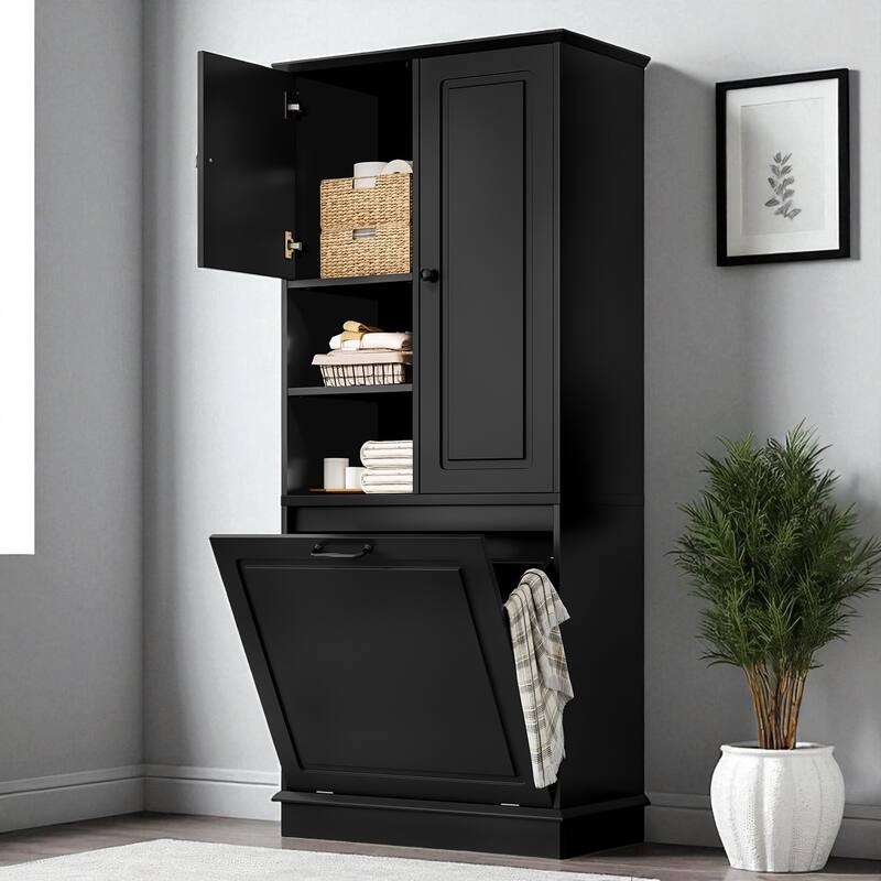 Tall Storage Cabinet with Adjustable Shelves and Flip-Out Basket, MDF Organizer with Enclosed Cabinets & Modern Handles