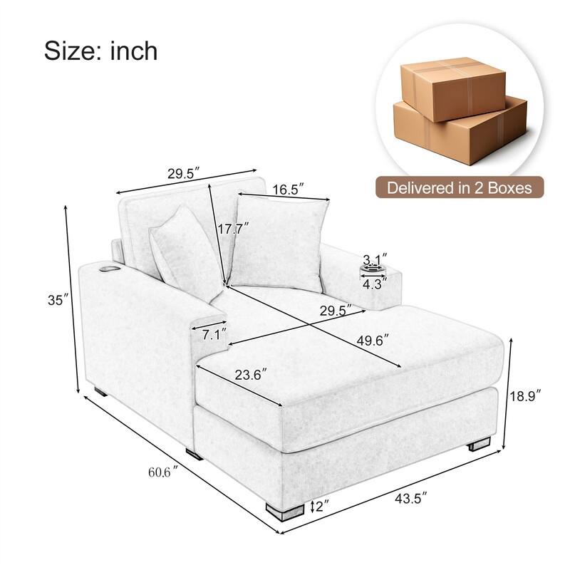Chenille Fabric Oversized Chaise Lounger, 39.7''/43.5''/55'' Chair Bed Sofa Couch with Pillows, Charge Station & Cup Holders