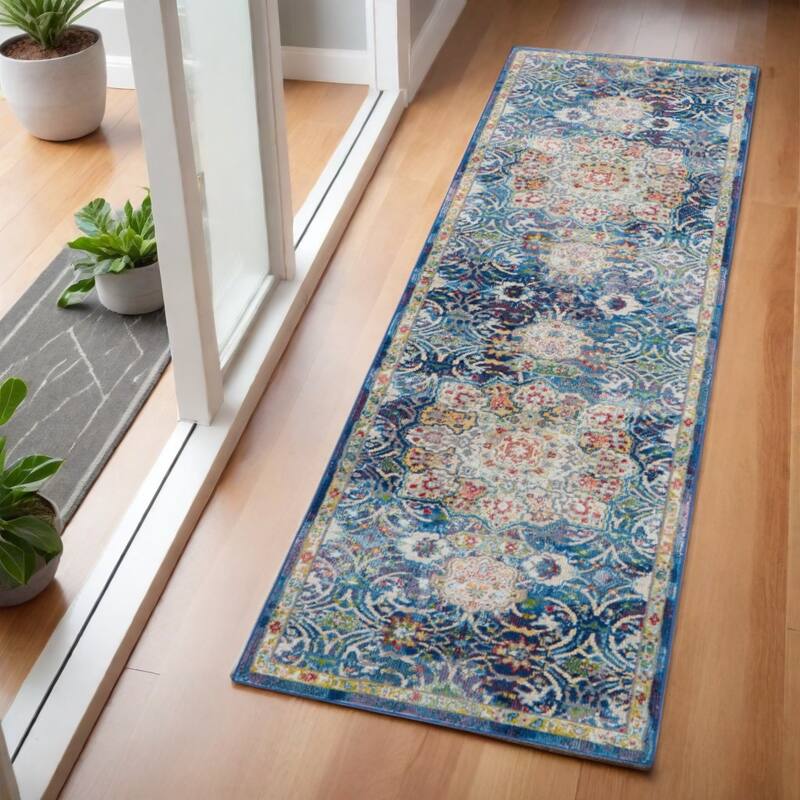 Hixem Power Loomed Distressed Abstract Floral Traditional Non Skid Area Rug By HomeRoots - 72' X '24' X '0.5 - 72' X '24' X '0.5 - Oxford Blue - Runner