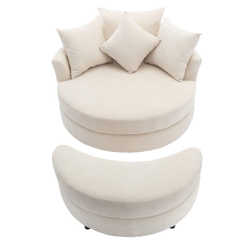 Oversized Swivel Barrel Chair, Chenille Upholstered Leisure Chair, Sofa Chair with Storage Ottoman & 4 Pillows