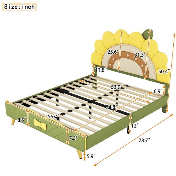 dimension image slide 0 of 2, Full Size Upholstered Platform Bed with Sunflower Shaped Headboard, Cute Bedframe w/Wood Slats Support for Kids Girls Boys Green