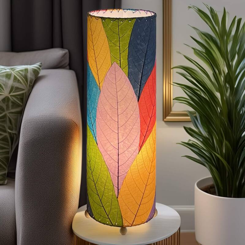 Handmade 24 Inch Cocoa Leaf Cylinder Table Lamp, Cocoa Leaves Shade, 8 x 8 x 24 in. - 8 x 8 x 24 - Multi