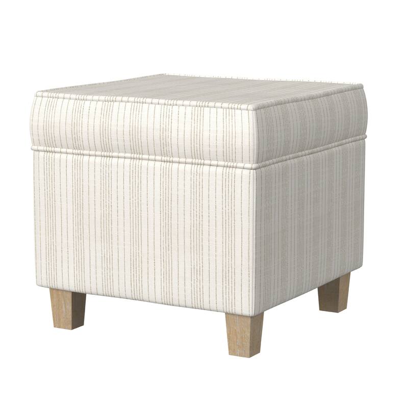 Pyp Square Storage Ottoman, 18 Inch Ivory Pinstripe Fabric, Brown Legs
