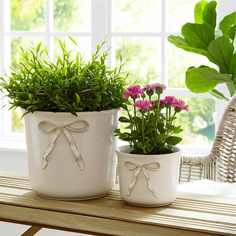 Stoneware Planters Decorative Bow Accent (Set of 2) - 9", 7" White - 11" x 11" x 9"