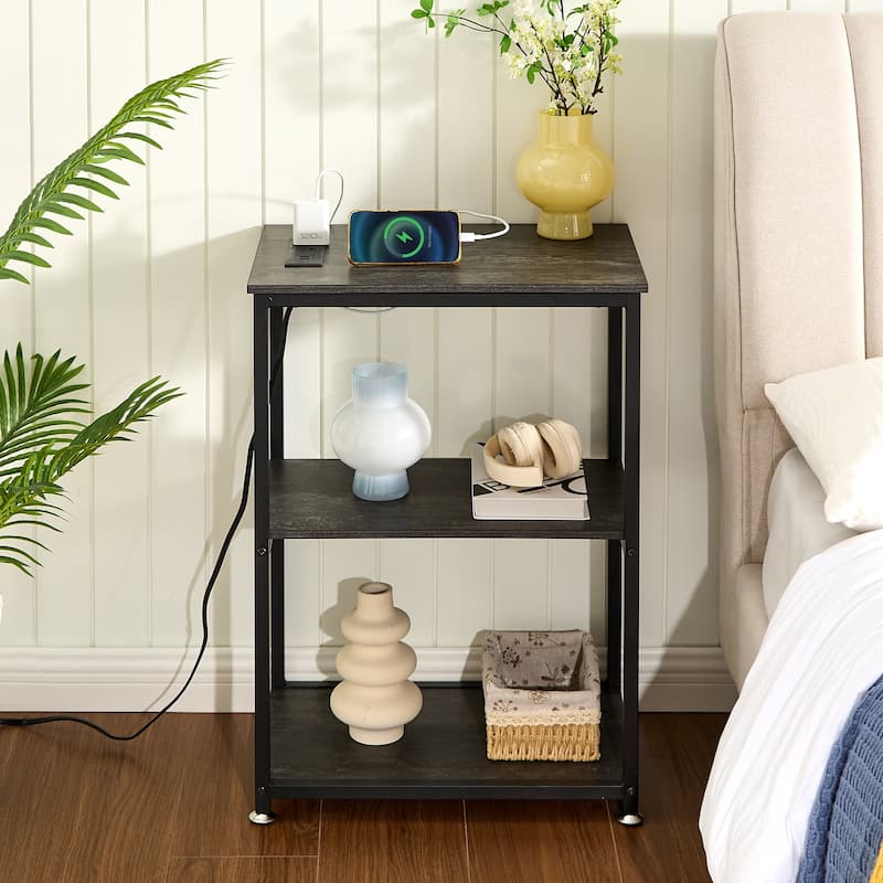 VECELO 3-Tier Nightstands Set of 2 with Open Storage Shelves Narrow Design End Table Set with USB Charging Station for Bedroom