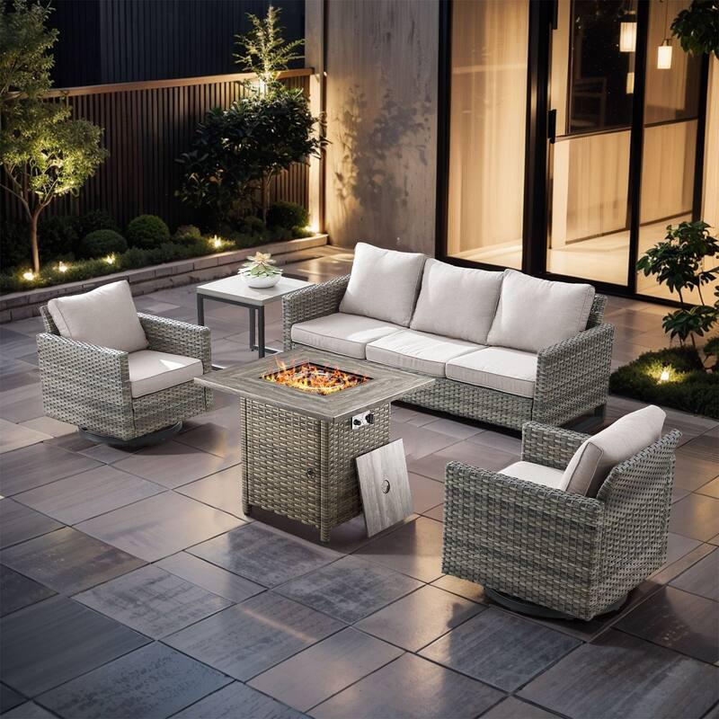 5 Pieces Fire Pit Table with Sofa Swivel Chair Set - Gray Wicker - Beige cushion