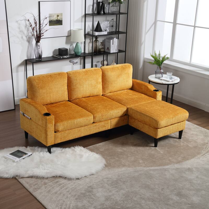 Modular Sectional Sofa with Storage Ottoman, Comfy Chenille Fabric Sofa, 3-Seater Sofa with Side Pockets & 2 Cup Holders