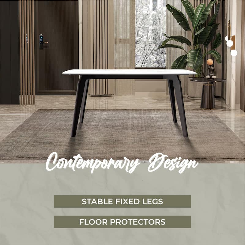 Krevor Modern Dining Table with Rectangular Sintered Stone or Glass Wide Tabletop and Black Steel Base