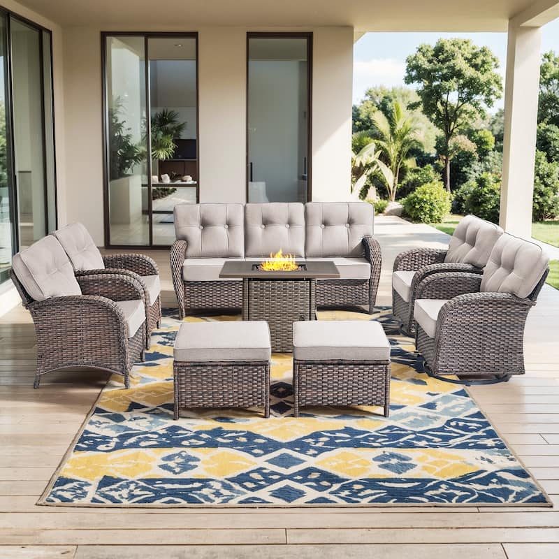 Pocassy Ooutdoor Fire Pit Table with Patio Funiture - 8 Pieces - Brown Wicker & Beige cushion