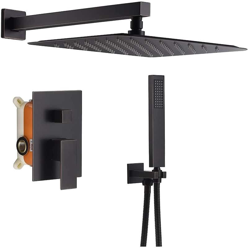 oil rubbered bronze wall mount 12 inch rain head 2 way shower faucet with handle sprayer - 7'6" x 10'9"