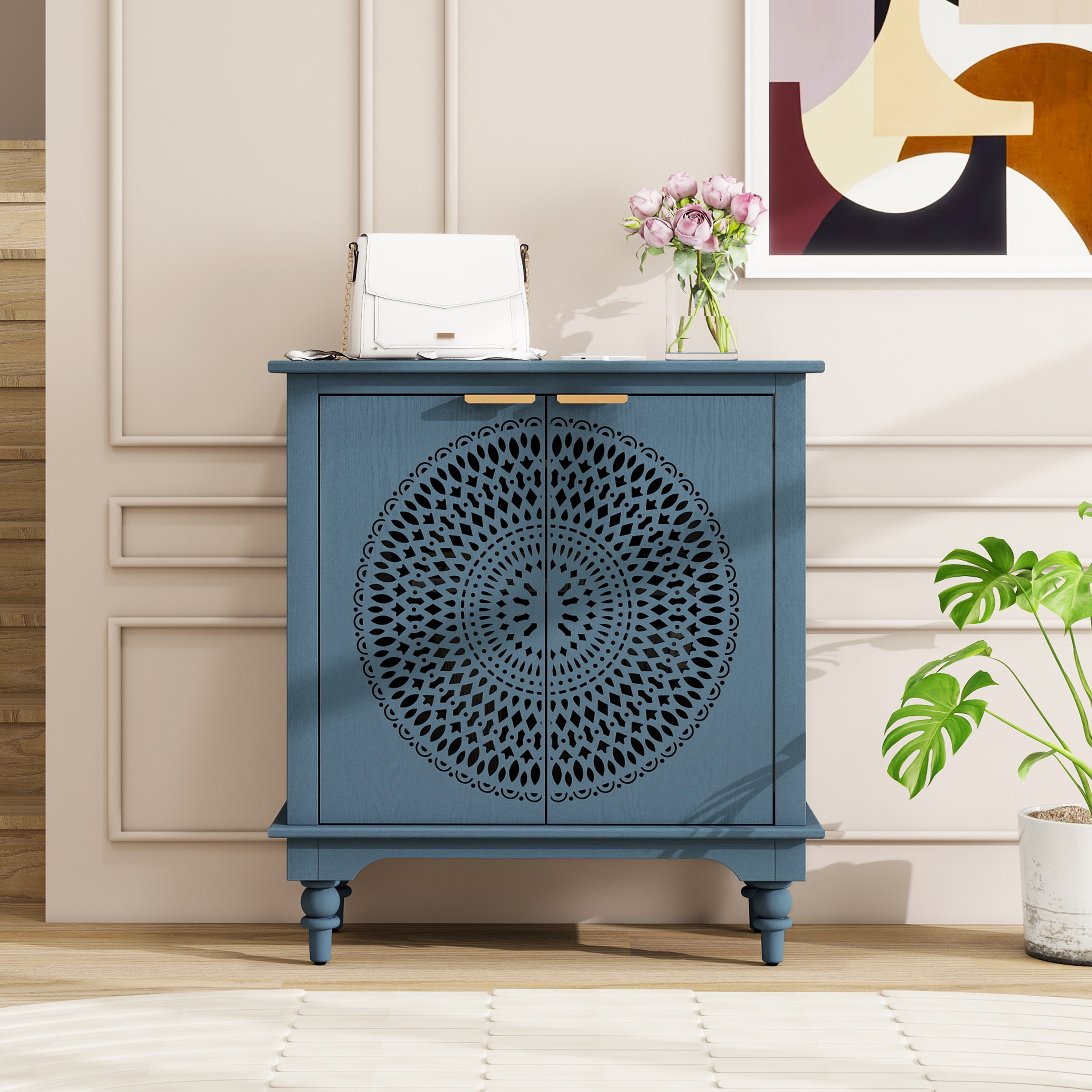 American Style Hollow-Carved 2 Door Accent Cabinet Sideboard Buffet Storage Cabinet for Entryway Living Room Bedroom