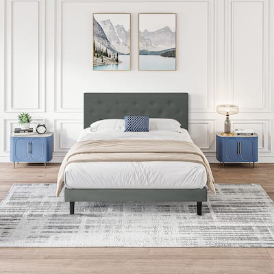 Dark Gray Twin Size Upholstered Platform Bed Frame with Button Tufted Linen Fabric Headboard