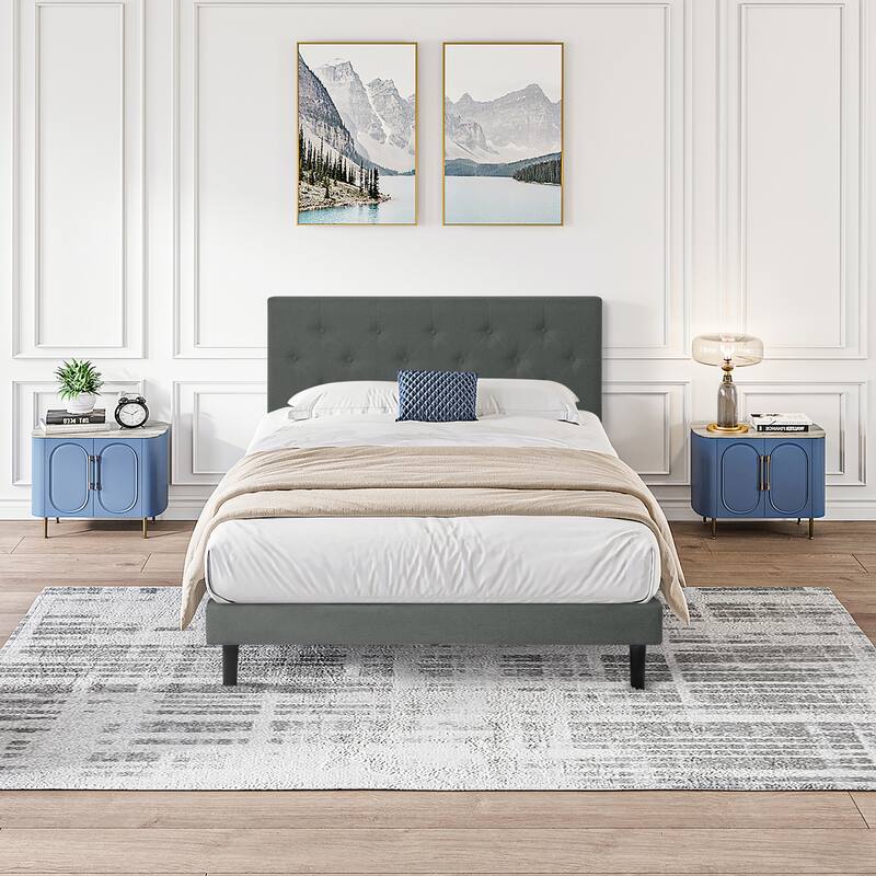 Twin Size Upholstered Platform Bed with Modern Button Tufted Headboard, Wood Slat Support, Easy Assembly, Dark Grey - Dark Gray