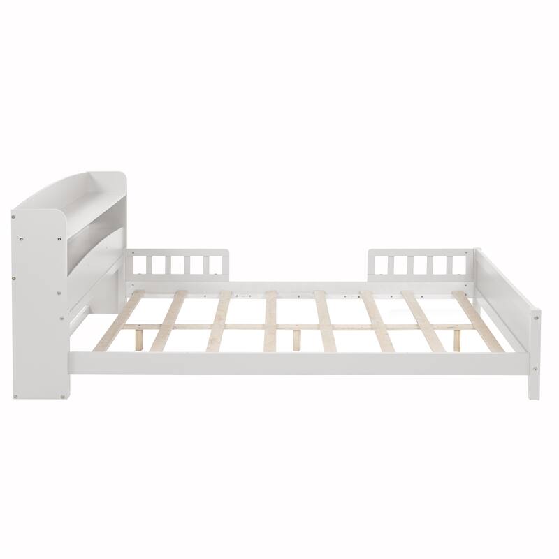 Full Size Pine Bed w/ Bookcase Headboard ,LED Sensor Light, Guardrails - White