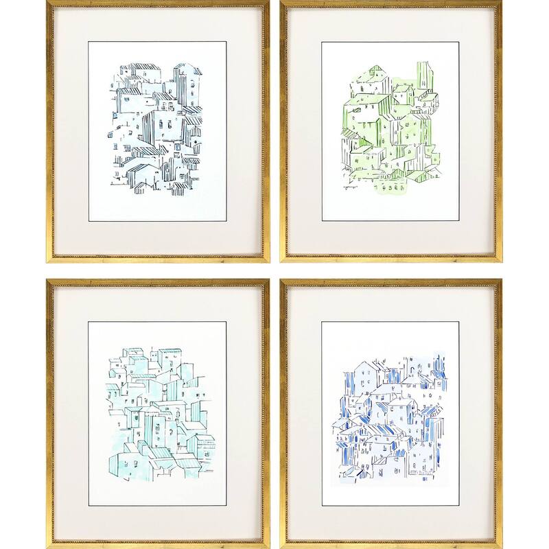 Watercolor Rooftops S/4 Framed Art Exclusive Giclee Under Glass - 23 X 19 X 1