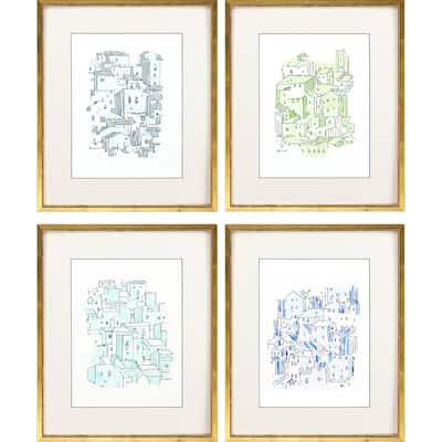 Watercolor Rooftops S/4 Framed Art Exclusive Giclee Under Glass