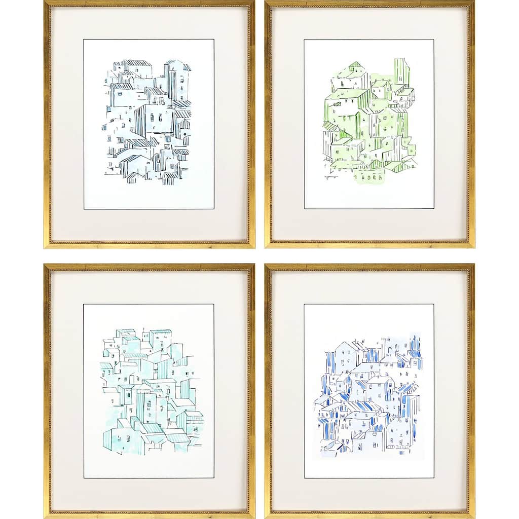 Watercolor Rooftops S/4 Framed Art Exclusive Giclee Under Glass