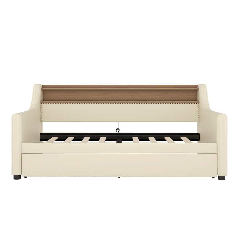 GDFStudio - Bellamy Daybed with Trundle, Upholstered Daybed with Charging Station and LED Lights