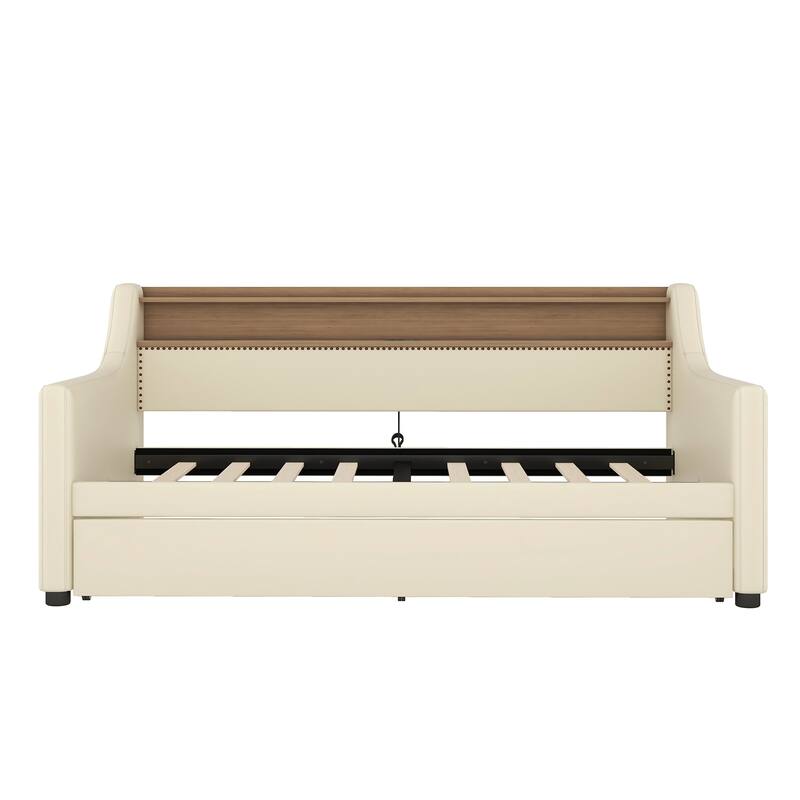 Twin Size Daybed with Trundle, Upholstered Daybed with Charging Station and LED Lights