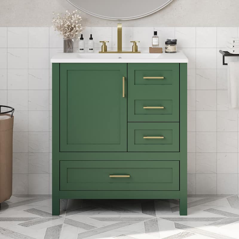 30" Bathroom Wood Storage Vanity Cabinet with Ceramic Sink, 3 Drawers