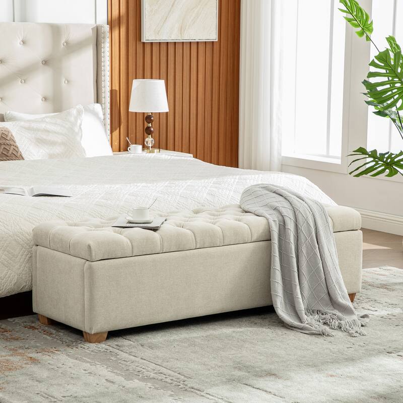 60.2" Chenille Upholstered Storage Bench, Tufted Flip-Top Ottoman with Legs, Accent End-of-Bed Bench Window Seat - Beige