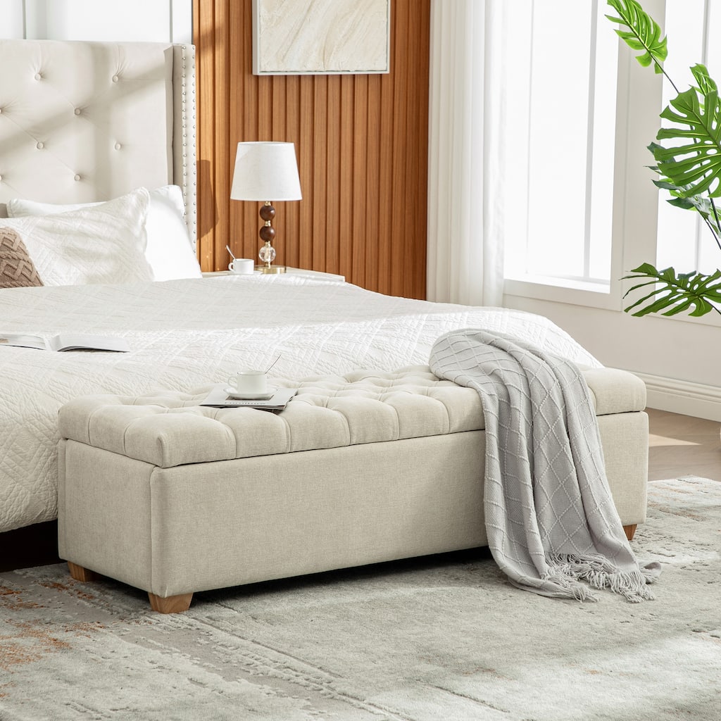 60.2" Chenille Upholstered Storage Bench, Tufted Flip-Top Ottoman with Legs, Accent End-of-Bed Bench Window Seat