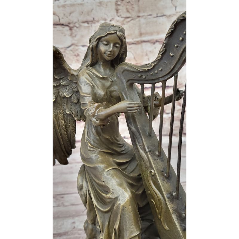 Winged Female Angel Playing Heavenly Harp - Bronze Memorial Sculpture Statue