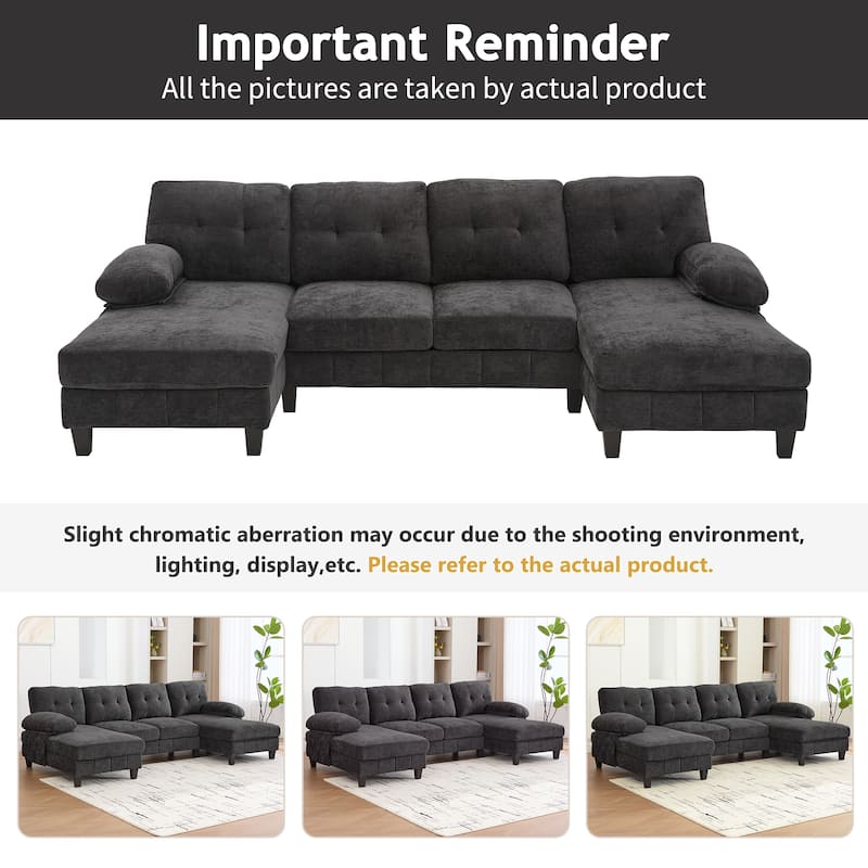 Roomfitters U-Shaped Chenille Sectional Sofa with Dual Chaises, Armrest Pillows and Storage Pockets for Living Room