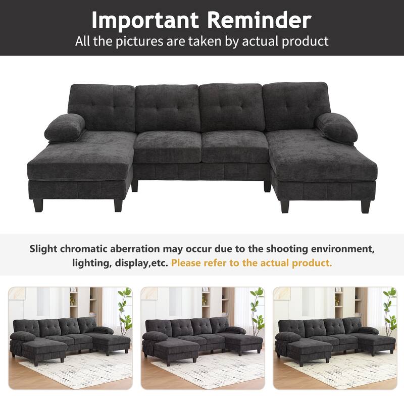 U-shaped Sectional Sofa, Chenille Fabric, Dual Chaise Lounges, Storage Pockets, Armrest Pillows, Black
